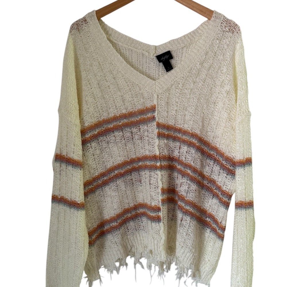 Daytrip Cream and Orange V-Neck Sweater with Distressed Details